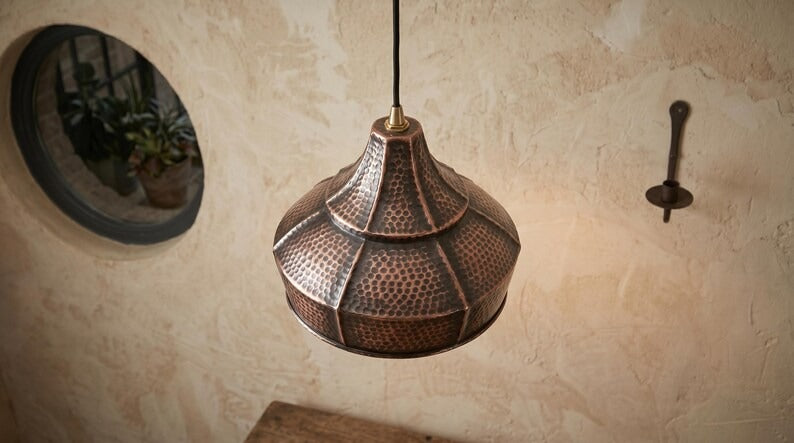 Handmade Moroccan Brass Pendant Light – Hammered Dark Copper Dome Ceiling Lamp, Rustic Kitchen Island & Dining Room Lighting