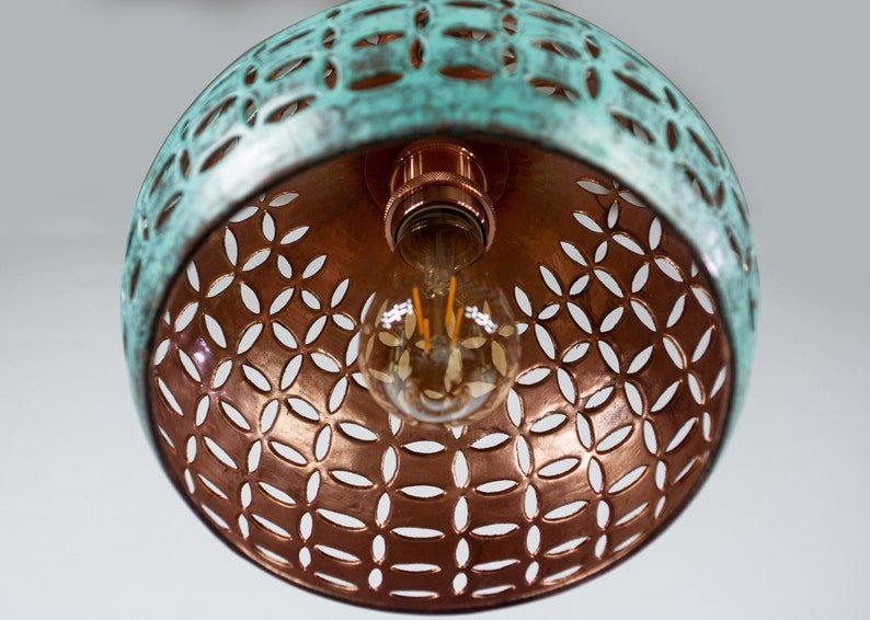 Turquoise Patina Pierced Copper Pendant Light, Handmade Moroccan Cutout Dome Chandelier, Verdigris Kitchen Island Hanging Lamp, Boho Rustic Farmhouse Ceiling Light Fixture