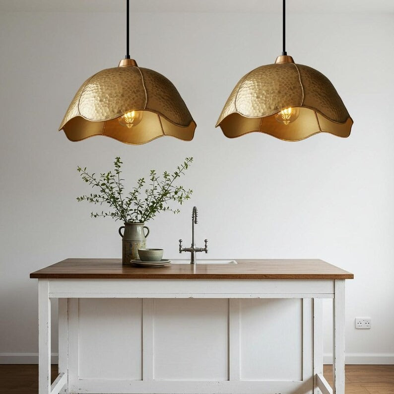 Hammered Brass Scalloped Dome Pendant Light – Handmade Gold Kitchen Island Chandelier