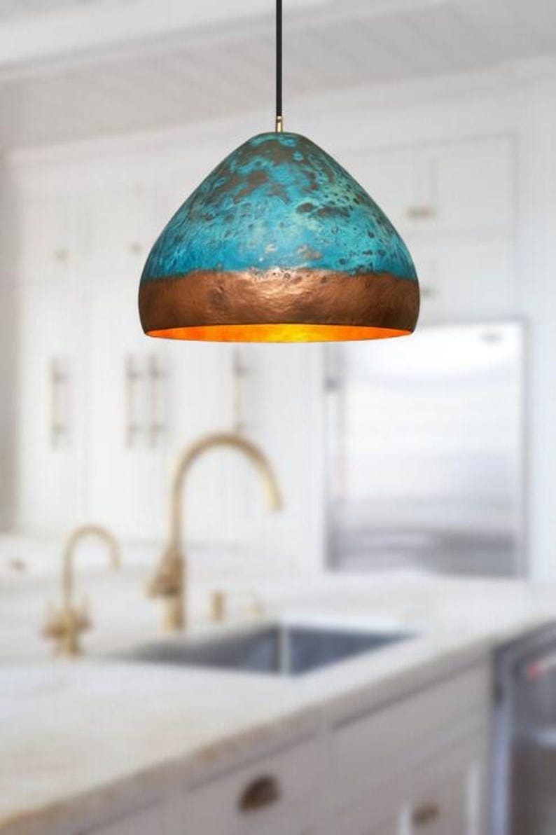 Handmade Blue Patina Brass Pendant Light – Moroccan Copper Dome Hanging Lamp with Warm Gold Interior for Kitchen Island, Dining Room & Boho Home Décor