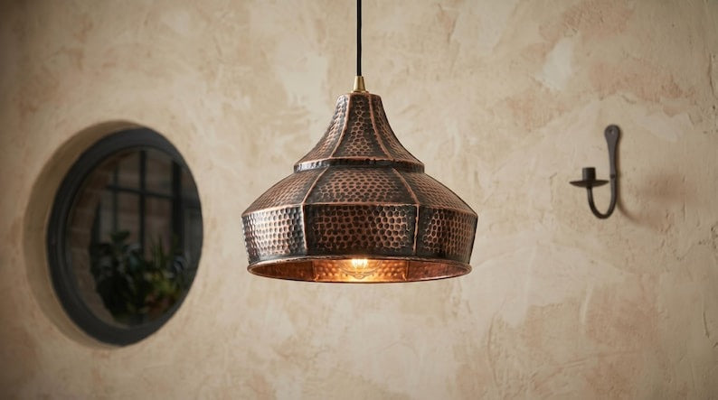 Set of 3 Handmade Moroccan Brass Pendant Lights – Hammered Dark Copper Wide Cone Ceiling Lamps, Rustic Kitchen Island & Dining Room Lighting