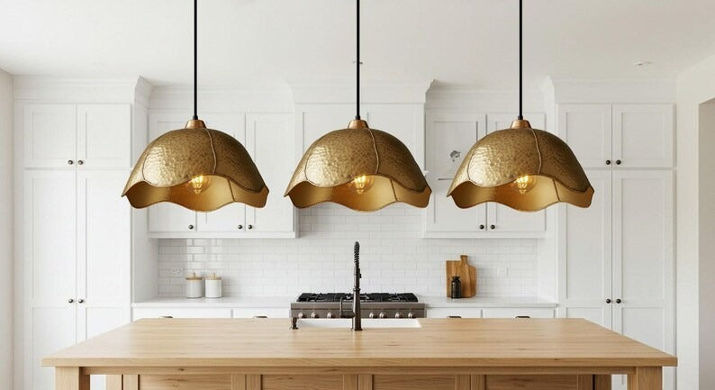 Hammered Brass Scalloped Dome Pendant Light – Handmade Gold Kitchen Island Chandelier