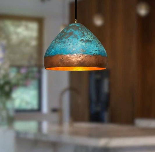 Handmade Blue Patina Brass Pendant Light – Moroccan Copper Dome Hanging Lamp with Warm Gold Interior for Kitchen Island, Dining Room & Boho Home Décor