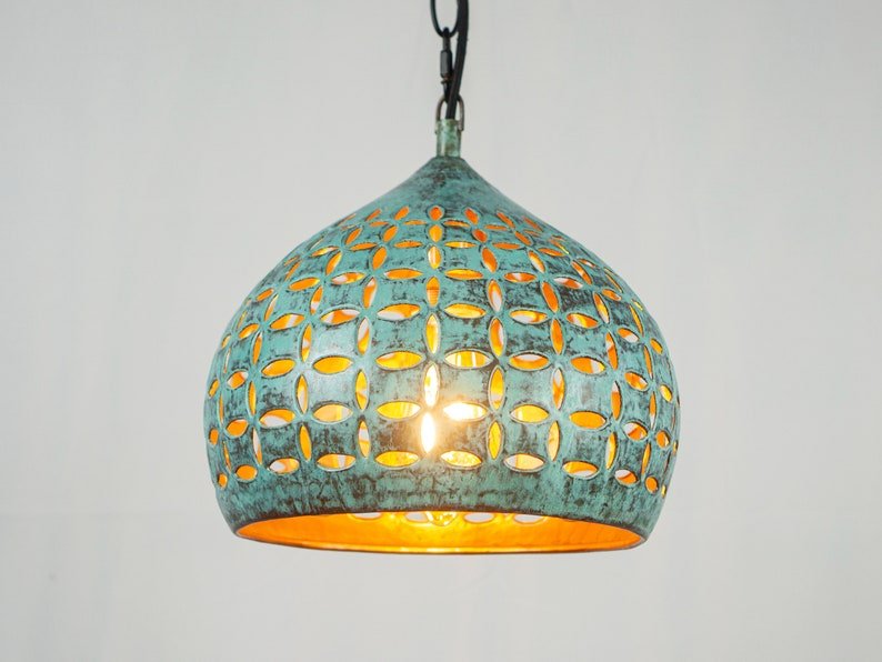 Turquoise Patina Pierced Copper Pendant Light, Handmade Moroccan Cutout Dome Chandelier, Verdigris Kitchen Island Hanging Lamp, Boho Rustic Farmhouse Ceiling Light Fixture