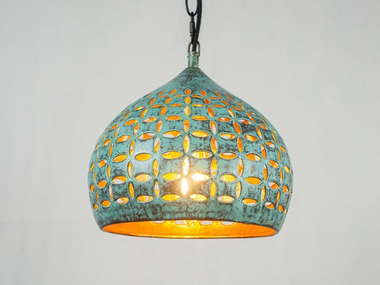 Turquoise Patina Pierced Copper Pendant Light, Handmade Moroccan Cutout Dome Chandelier, Verdigris Kitchen Island Hanging Lamp, Boho Rustic Farmhouse Ceiling Light Fixture