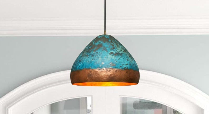 Handmade Blue Patina Brass Pendant Light – Moroccan Copper Dome Hanging Lamp with Warm Gold Interior for Kitchen Island, Dining Room & Boho Home Décor