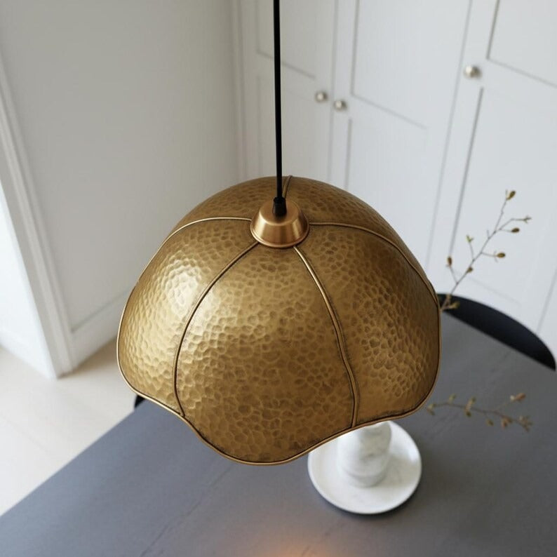 Hammered Brass Scalloped Dome Pendant Light – Handmade Gold Kitchen Island Chandelier