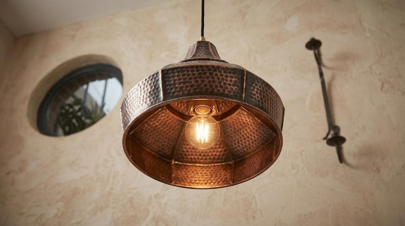 Set of 3 Handmade Moroccan Brass Pendant Lights – Hammered Dark Copper Wide Cone Ceiling Lamps, Rustic Kitchen Island & Dining Room Lighting