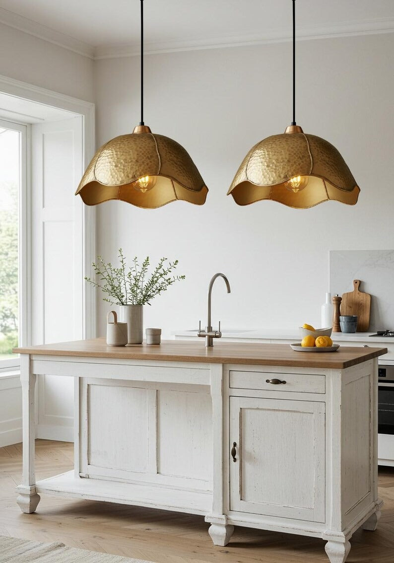 Hammered Brass Scalloped Dome Pendant Light – Handmade Gold Kitchen Island Chandelier