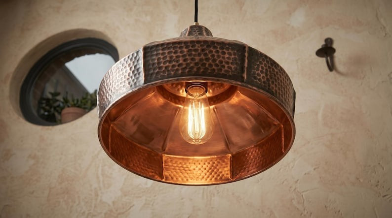 Set of 3 Handmade Moroccan Brass Pendant Lights – Hammered Dark Copper Wide Cone Ceiling Lamps, Rustic Kitchen Island & Dining Room Lighting