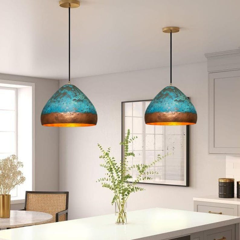 Handmade Blue Patina Brass Pendant Light – Moroccan Copper Dome Hanging Lamp with Warm Gold Interior for Kitchen Island, Dining Room & Boho Home Décor