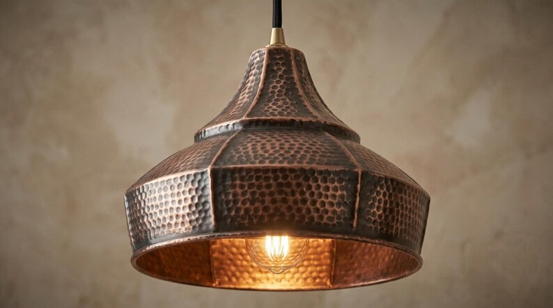 Set of 3 Handmade Moroccan Brass Pendant Lights – Hammered Dark Copper Wide Cone Ceiling Lamps, Rustic Kitchen Island & Dining Room Lighting
