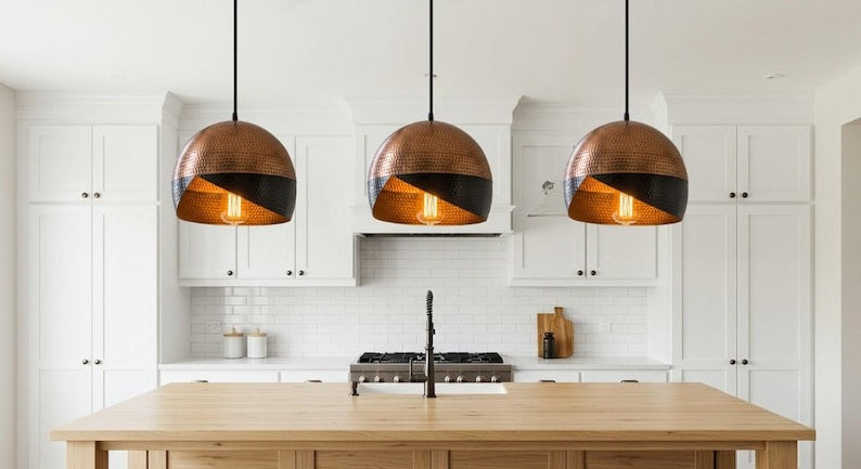 Hammered Brass Dome Pendant Light – Two-Tone Copper & Black Kitchen Island Chandelier