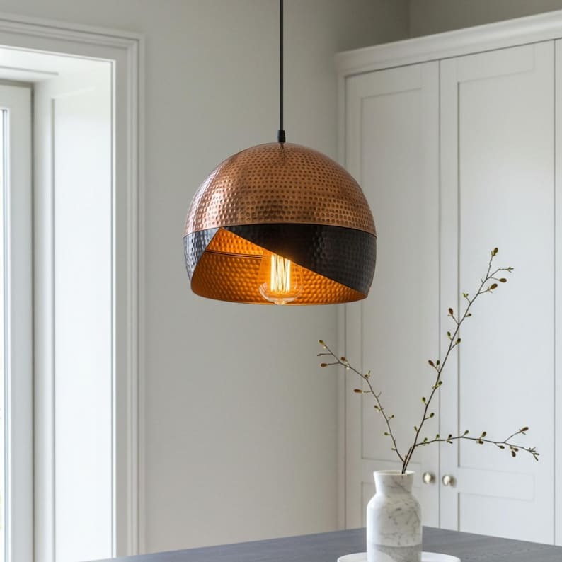 Hammered Brass Dome Pendant Light – Two-Tone Copper & Black Kitchen Island Chandelier