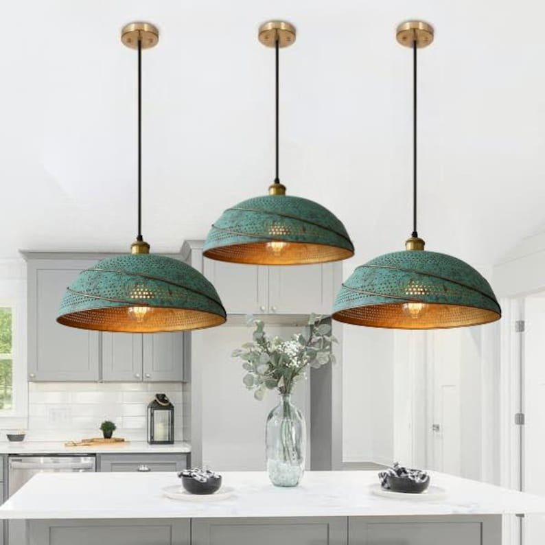 Handmade Green Patina Brass Pendant Light – Moroccan Perforated Saucer Dome Hanging Lamp with Warm Gold Interior for Kitchen Island, Dining Room & Boho Home Décor