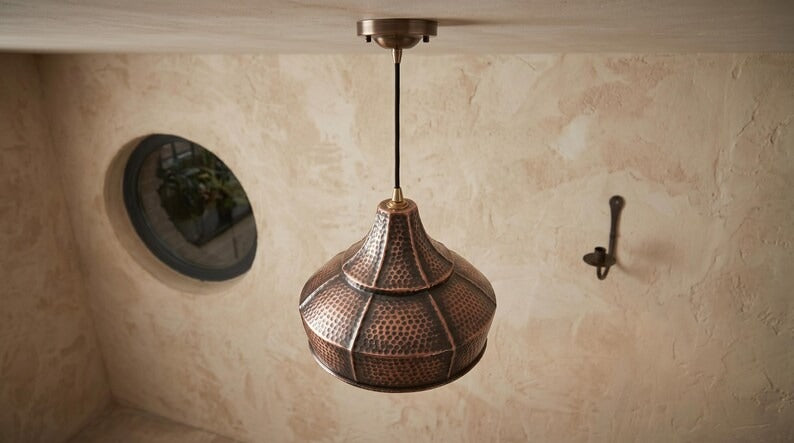 Set of 3 Handmade Moroccan Brass Pendant Lights – Hammered Dark Copper Wide Cone Ceiling Lamps, Rustic Kitchen Island & Dining Room Lighting