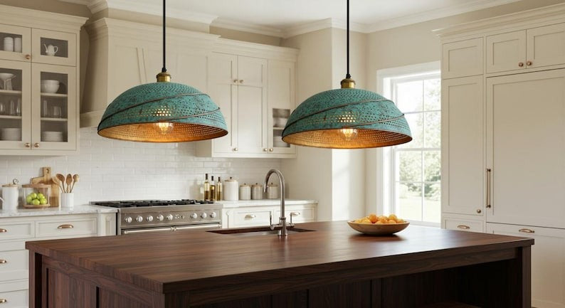 Handmade Green Patina Brass Pendant Light – Moroccan Perforated Saucer Dome Hanging Lamp with Warm Gold Interior for Kitchen Island, Dining Room & Boho Home Décor