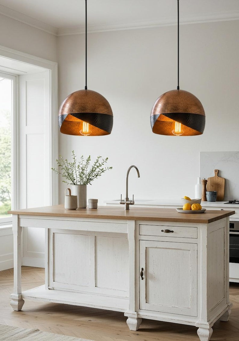 Hammered Brass Dome Pendant Light – Two-Tone Copper & Black Kitchen Island Chandelier