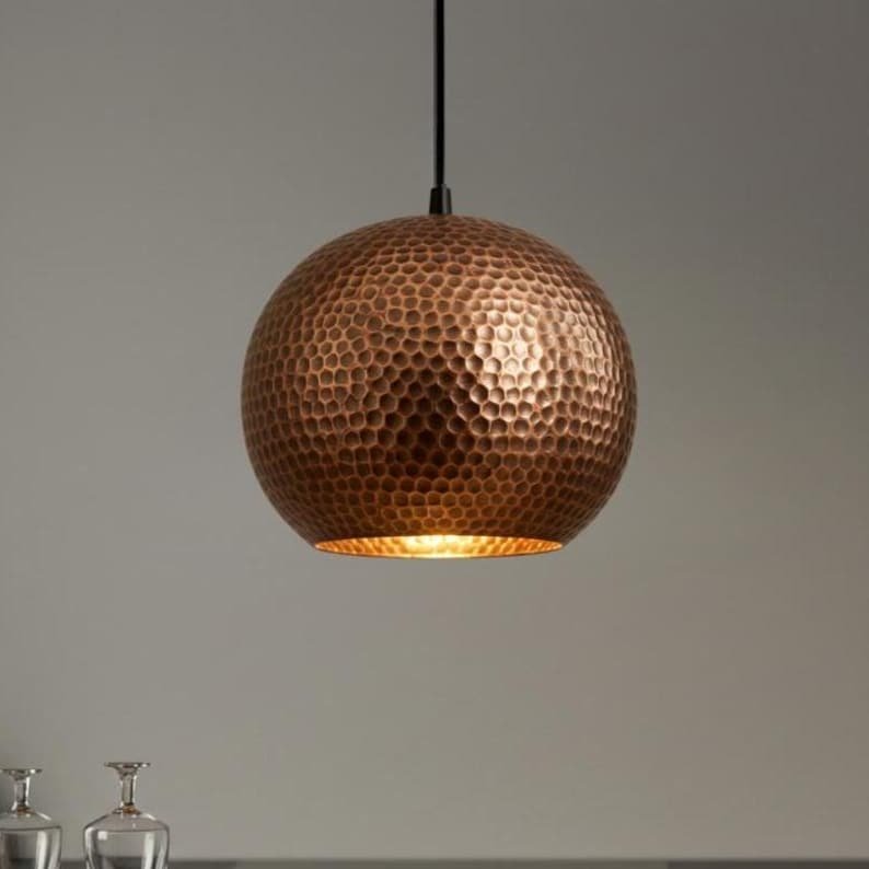 Hammered Copper Globe Pendant Light, Handmade Moroccan Round Copper Hanging Lamp, Rustic Copper Kitchen Island Chandelier, Boho Farmhouse Ceiling Light Fixture