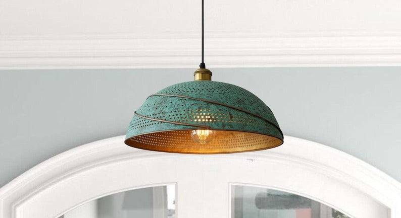 Handmade Green Patina Brass Pendant Light – Moroccan Perforated Saucer Dome Hanging Lamp with Warm Gold Interior for Kitchen Island, Dining Room & Boho Home Décor