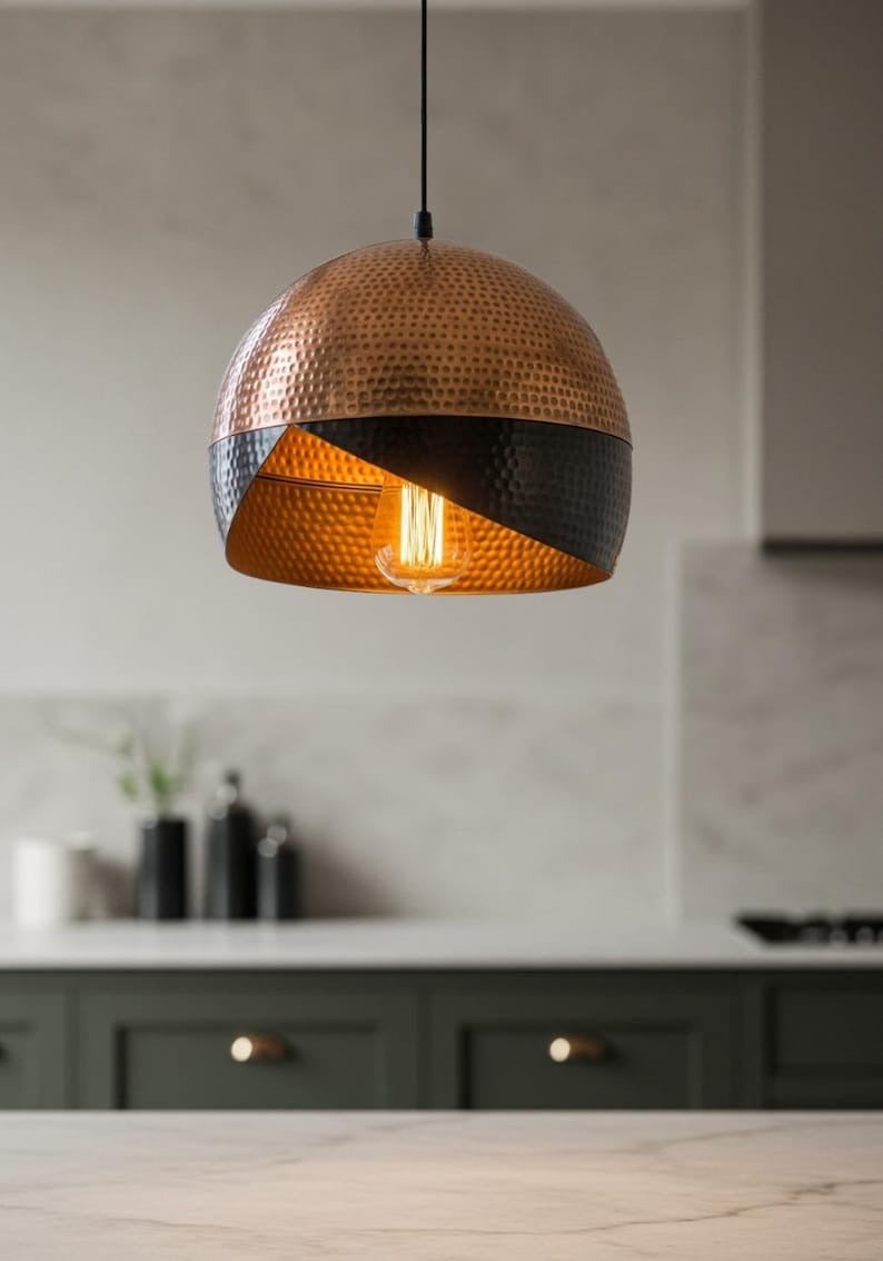 Hammered Brass Dome Pendant Light – Two-Tone Copper & Black Kitchen Island Chandelier