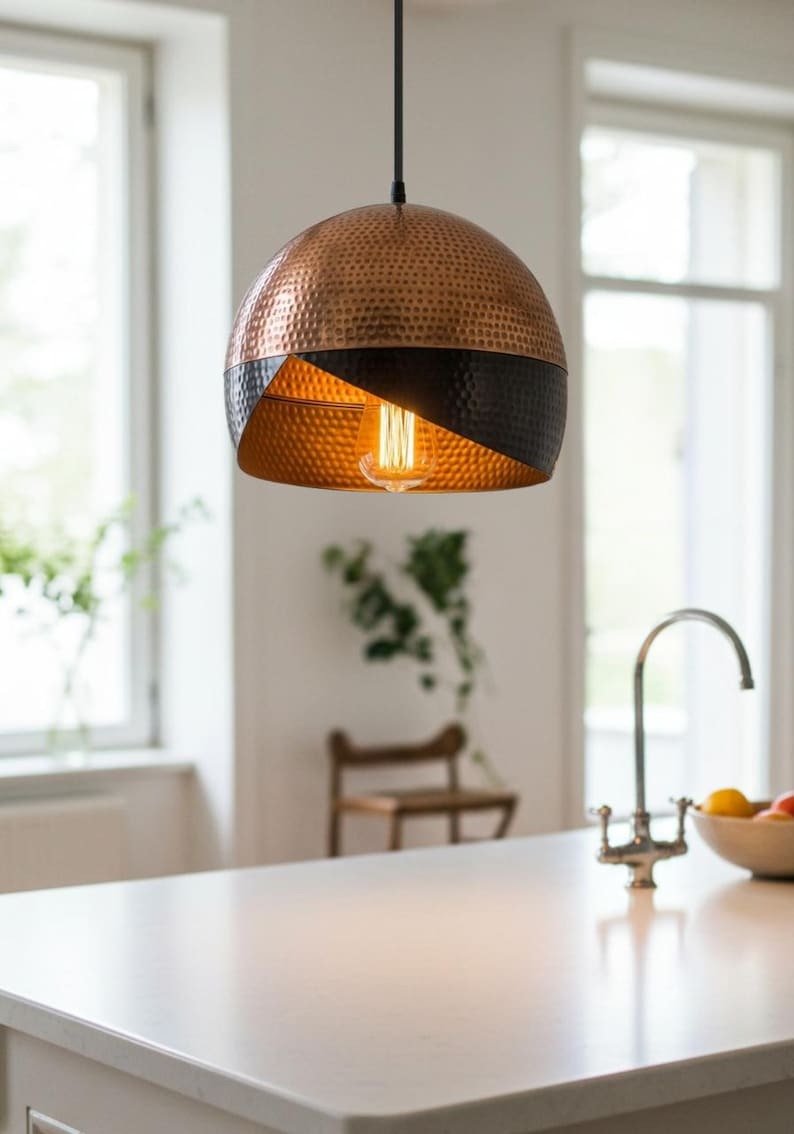 Hammered Brass Dome Pendant Light – Two-Tone Copper & Black Kitchen Island Chandelier