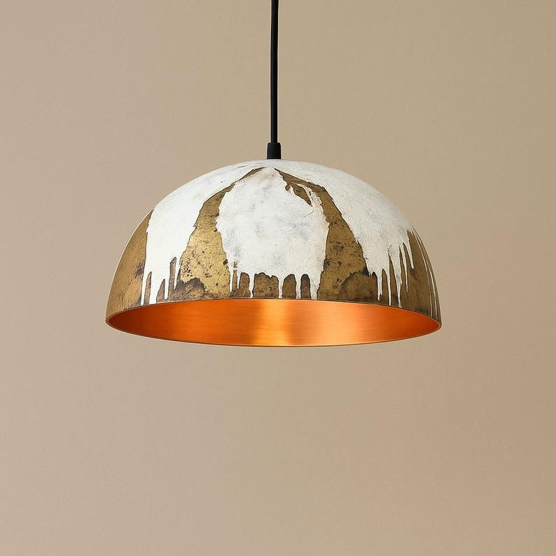 White & Gold Brass Dome Pendant Light – Hand-Finished Moroccan Kitchen Island Chandelier with Copper Interior