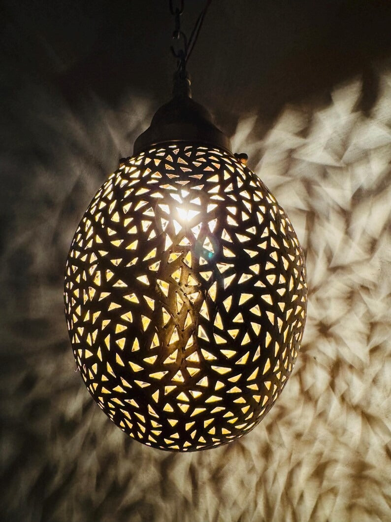 Moroccan Pierced Egg Lantern Pendant Light, Handmade Filigree Metal Hanging Lamp, Boho Moorish Shadow Chandelier, Rustic Arabic Ceiling Light Fixture
