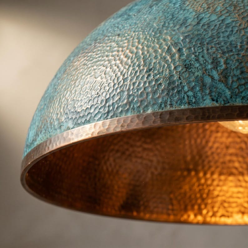 Handmade Hammered Brass Pendant Light with Patina – Moroccan Dome Hanging Lamp for Kitchen Island, Dining Room, Living Room & Modern Boho Decor