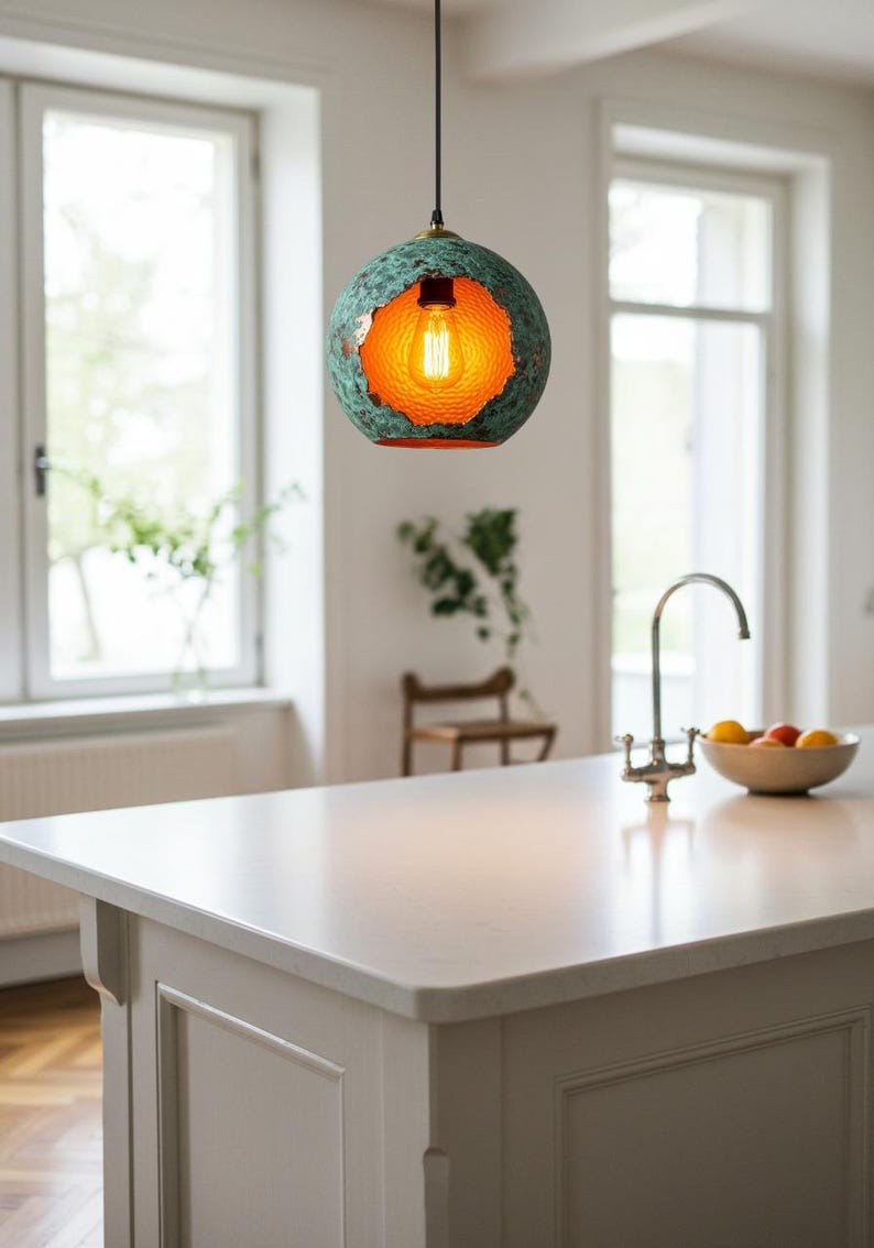 Verdigris Brass Globe Pendant Light – Hammered Copper Orb Hanging Lamp with Open Cutout Design
