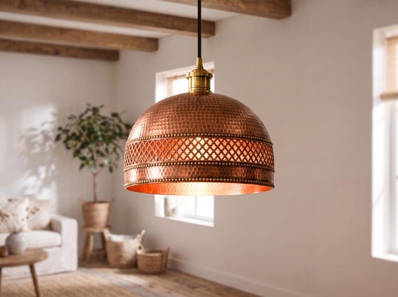 set of 2 Handmade Moroccan Brass Pendant Light – Hammered Copper Finish Dome Lamp with Pierced Lattice Band, Rustic Kitchen Island Ceiling Lighting