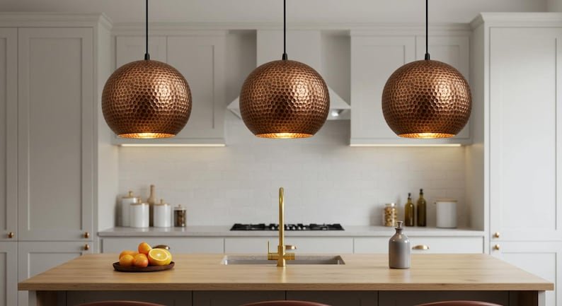 Hammered Copper Globe Pendant Light, Handmade Moroccan Round Copper Hanging Lamp, Rustic Copper Kitchen Island Chandelier, Boho Farmhouse Ceiling Light Fixture