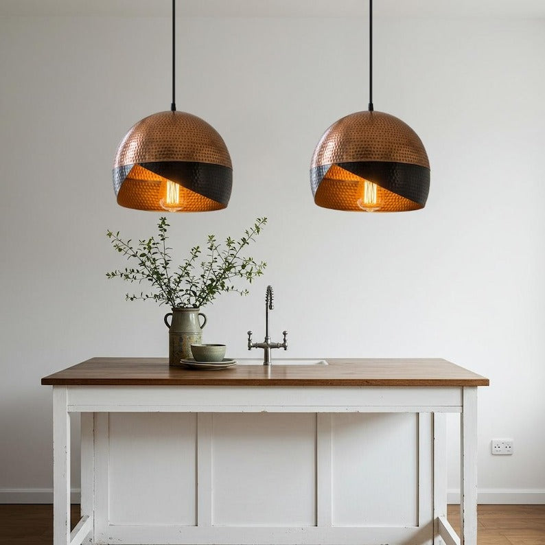 Hammered Brass Dome Pendant Light – Two-Tone Copper & Black Kitchen Island Chandelier