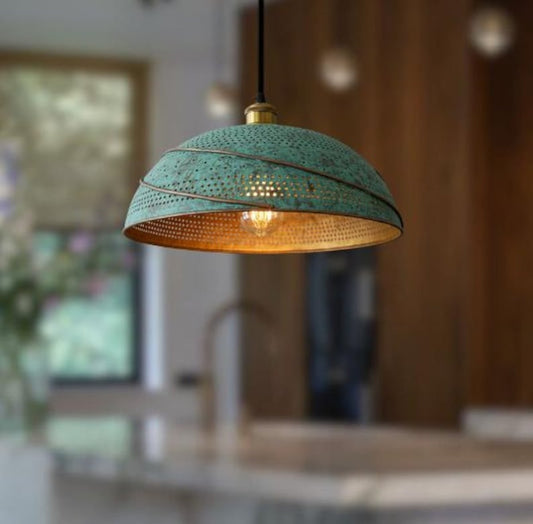 Handmade Green Patina Brass Pendant Light – Moroccan Perforated Saucer Dome Hanging Lamp with Warm Gold Interior for Kitchen Island, Dining Room & Boho Home Décor