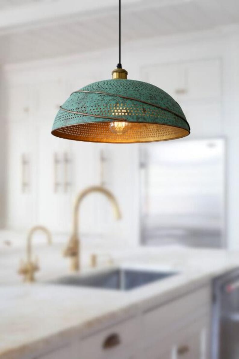 Handmade Green Patina Brass Pendant Light – Moroccan Perforated Saucer Dome Hanging Lamp with Warm Gold Interior for Kitchen Island, Dining Room & Boho Home Décor