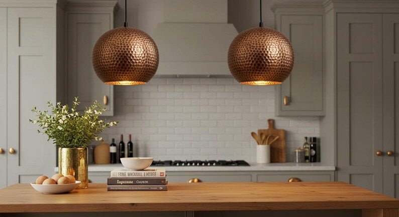 Hammered Copper Globe Pendant Light, Handmade Moroccan Round Copper Hanging Lamp, Rustic Copper Kitchen Island Chandelier, Boho Farmhouse Ceiling Light Fixture