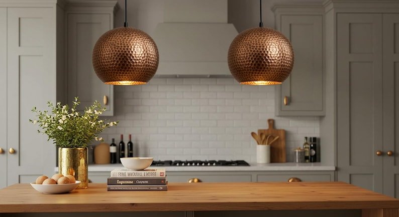 Hammered Copper Globe Pendant Light, Handmade Moroccan Round Copper Hanging Lamp, Rustic Copper Kitchen Island Chandelier, Boho Farmhouse Ceiling Light Fixture