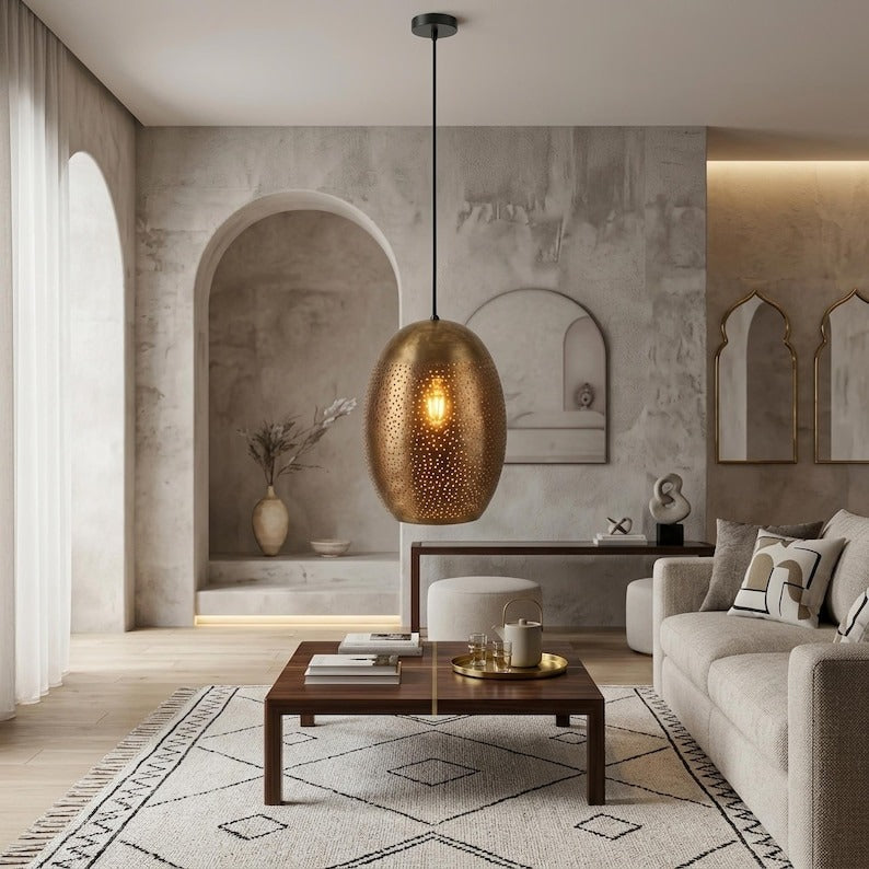 Handmade Moroccan Brass Perforated Pendant Light – Antique Bronze Oval Hanging Lamp with Starry Cutouts, Modern Boho Ceiling Light for Kitchen Island, Dining Room & Living Room