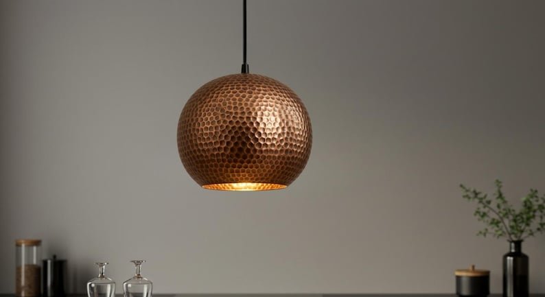 Hammered Copper Globe Pendant Light, Handmade Moroccan Round Copper Hanging Lamp, Rustic Copper Kitchen Island Chandelier, Boho Farmhouse Ceiling Light Fixture