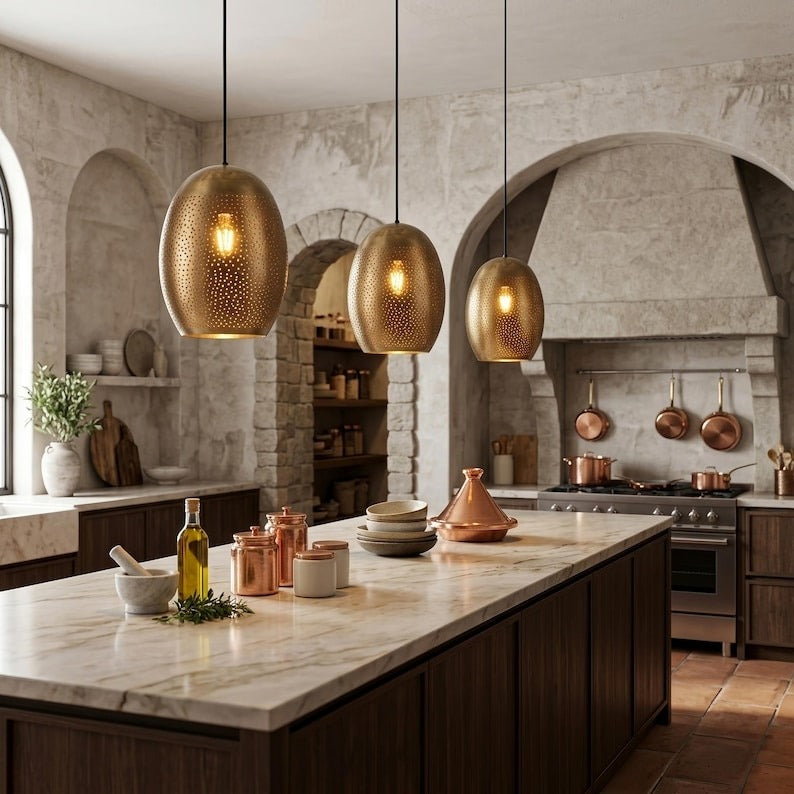 Handmade Moroccan Brass Perforated Pendant Light – Antique Bronze Oval Hanging Lamp with Starry Cutouts, Modern Boho Ceiling Light for Kitchen Island, Dining Room & Living Room