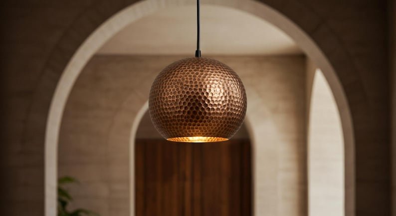 Hammered Copper Globe Pendant Light, Handmade Moroccan Round Copper Hanging Lamp, Rustic Copper Kitchen Island Chandelier, Boho Farmhouse Ceiling Light Fixture