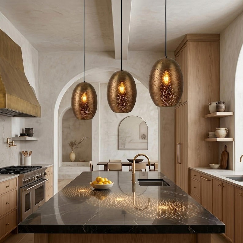 Handmade Moroccan Brass Perforated Pendant Light – Antique Bronze Oval Hanging Lamp with Starry Cutouts, Modern Boho Ceiling Light for Kitchen Island, Dining Room & Living Room