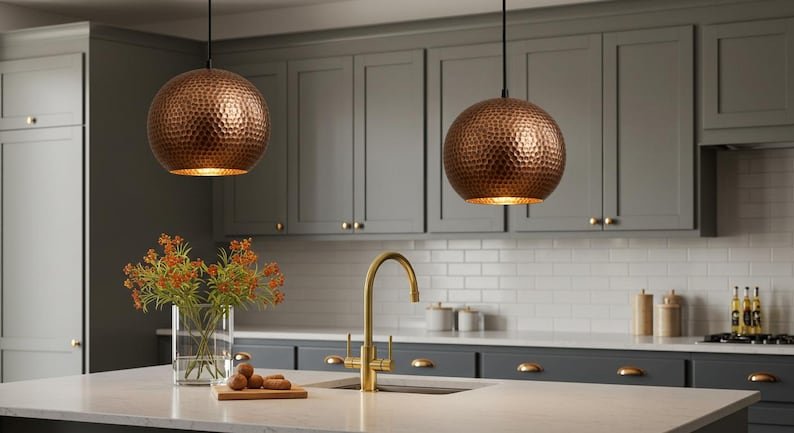 Hammered Copper Globe Pendant Light, Handmade Moroccan Round Copper Hanging Lamp, Rustic Copper Kitchen Island Chandelier, Boho Farmhouse Ceiling Light Fixture