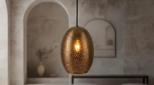 Handmade Moroccan Brass Perforated Pendant Light – Antique Bronze Oval Hanging Lamp with Starry Cutouts, Modern Boho Ceiling Light for Kitchen Island, Dining Room & Living Room