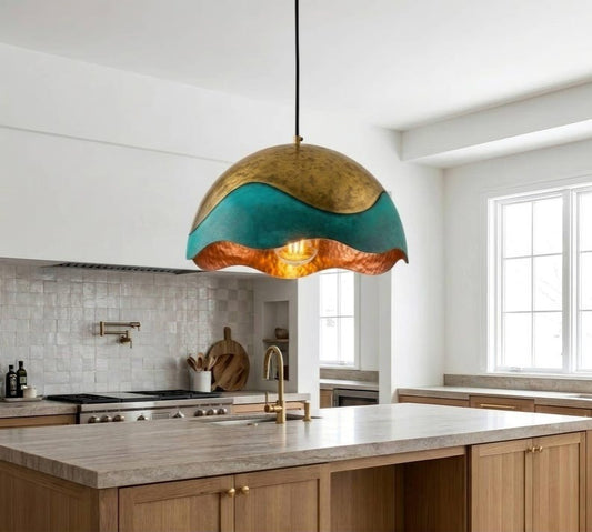 Handmade Moroccan Brass Dome Pendant Light – Sculptural Turquoise Patina and Antique Gold Brass Hanging Lamp with Wavy Copper Interior, Boho Mediterranean Ceiling Light for Kitchen Island, Dining Room & Living Room