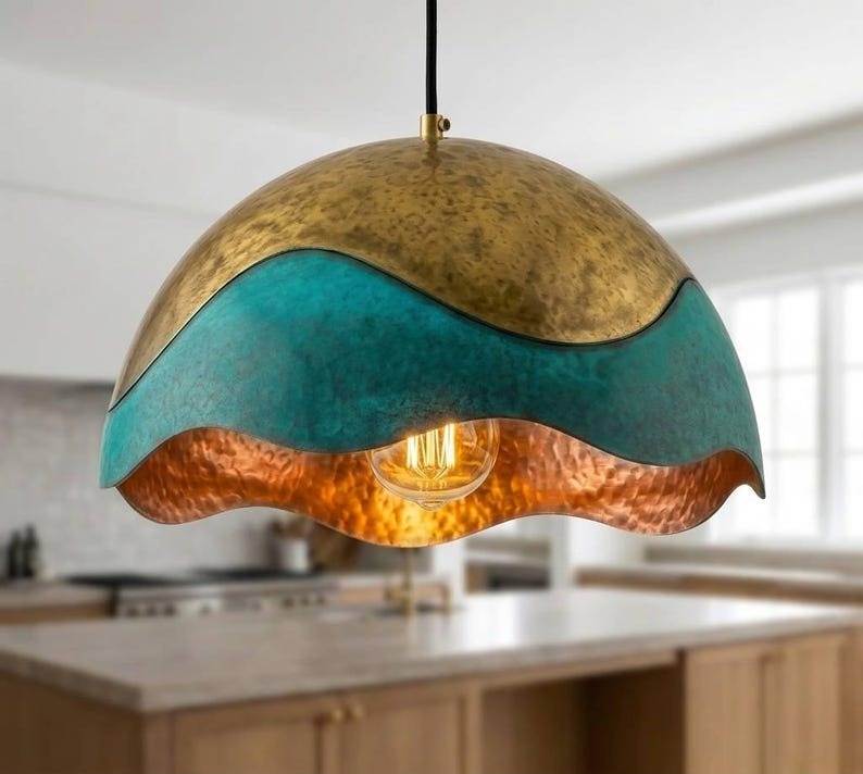 Handmade Moroccan Brass Dome Pendant Light – Sculptural Turquoise Patina and Antique Gold Brass Hanging Lamp with Wavy Copper Interior, Boho Mediterranean Ceiling Light for Kitchen Island, Dining Room & Living Room