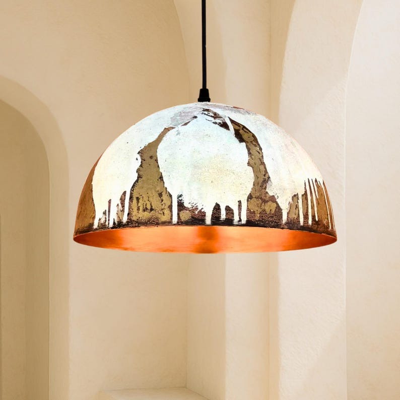 White & Gold Brass Dome Pendant Light – Hand-Finished Moroccan Kitchen Island Chandelier with Copper Interior