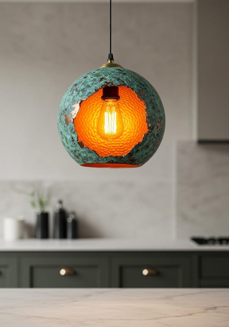 Verdigris Brass Globe Pendant Light – Hammered Copper Orb Hanging Lamp with Open Cutout Design