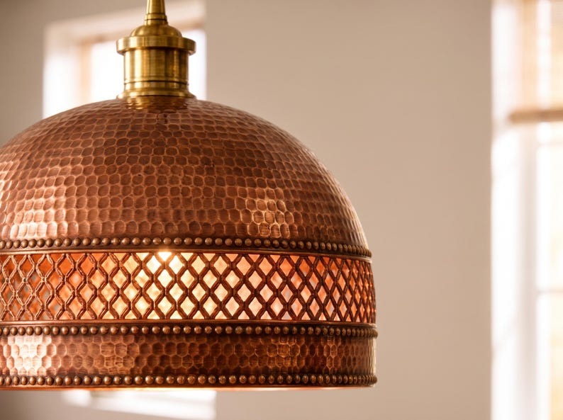 set of 2 Handmade Moroccan Brass Pendant Light – Hammered Copper Finish Dome Lamp with Pierced Lattice Band, Rustic Kitchen Island Ceiling Lighting