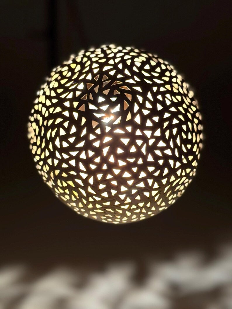 Moroccan Pierced Egg Lantern Pendant Light, Handmade Filigree Metal Hanging Lamp, Boho Moorish Shadow Chandelier, Rustic Arabic Ceiling Light Fixture